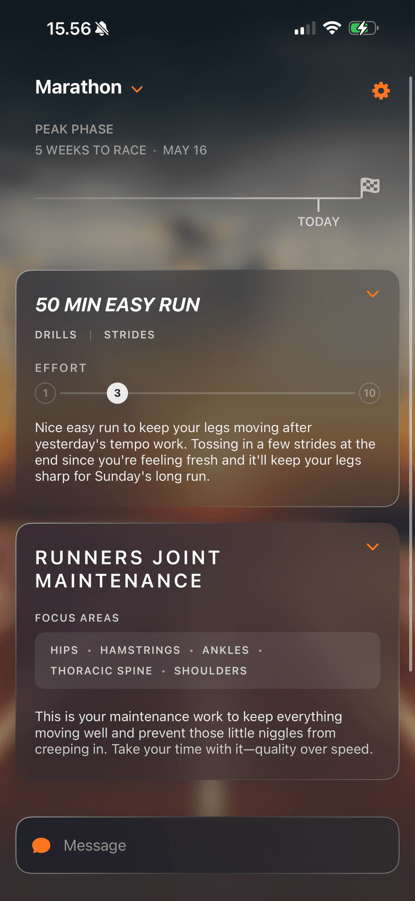 1stMarathon app showing adaptive training plan